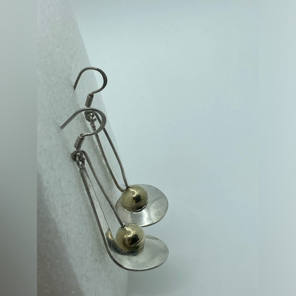 VINTAGE Taxco Sterling Silver Statement Drop Earrings Swirl Ball Suspended Wire - Picture 4 of 7